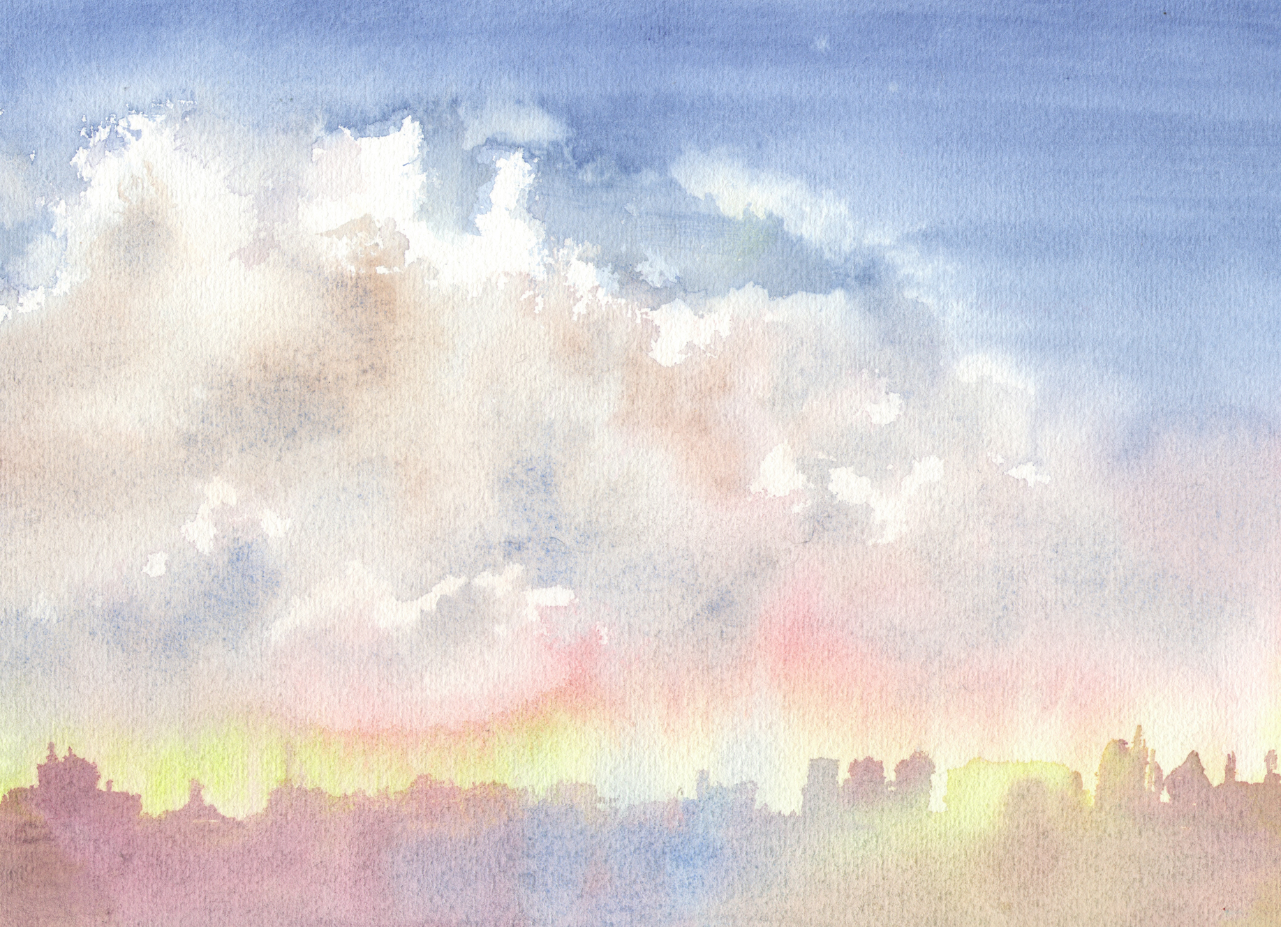 The Sky with Clouds over the City. Morning. Abstract Blue Watercolor Background Divorce. Watercolor Illustration